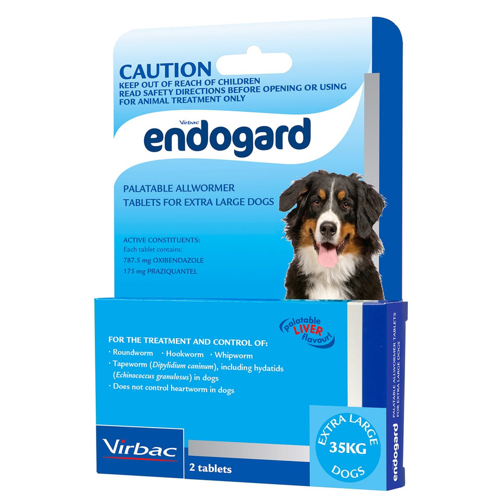 Endogard Allwormer for XL Dogs, 2 tablets, treats roundworm, hookworm, and whipworm.