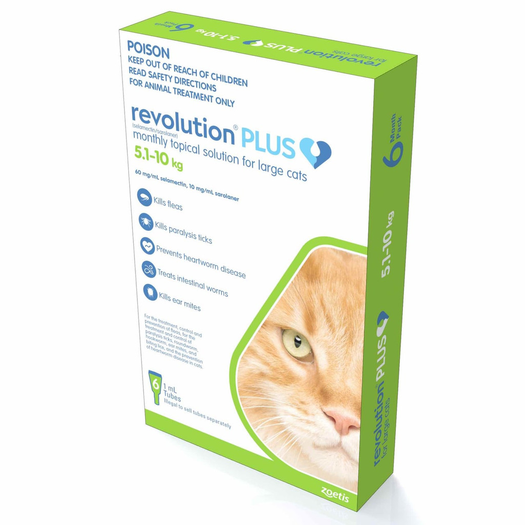 Revolution PLUS for Large Cats 5-10kg, 6 doses, green packaging, treats fleas and ticks.