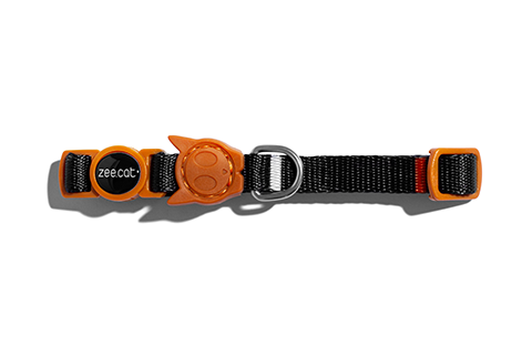 Zee.Cat Patagonia Cat Collar in orange and black, featuring an adjustable strap and safety buckle.