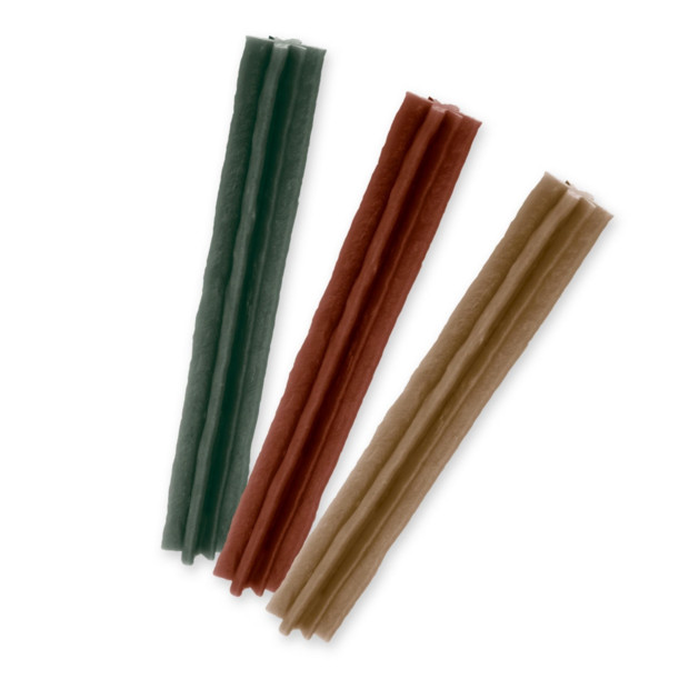 Whimzees Stix Small Dog Dental Treats in green, brown, and red, promoting pet dental health.