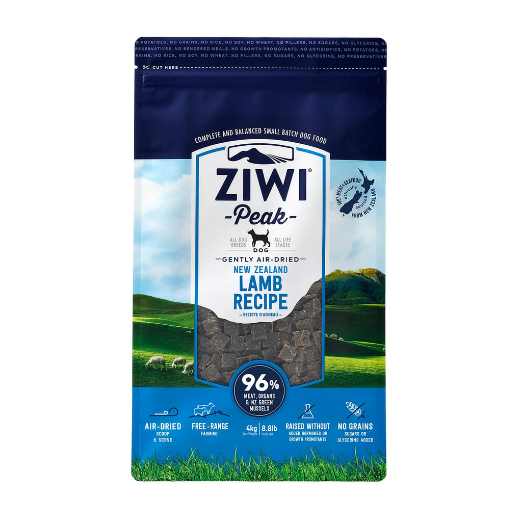 Ziwi Peak Lamb Air-Dried Dog Food 4kg, featuring a blue and green packaging with lamb graphics.