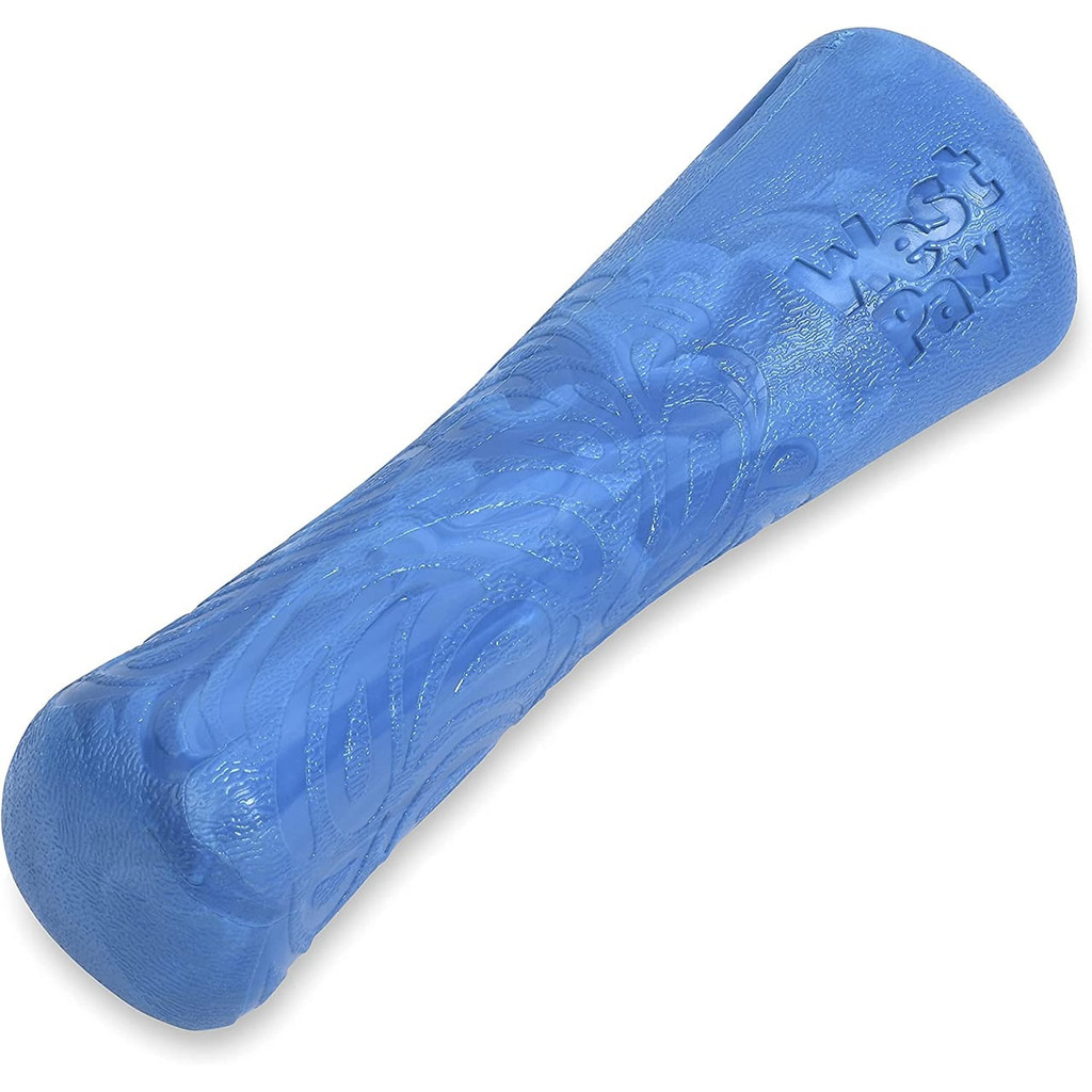 West Paw Seaflex Drifty Small fetch dog toy in vibrant blue, made from recycled plastic.