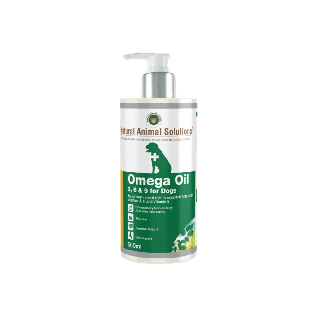 NAS Omega 3 6 & 9 Oil 500ml for dogs, promoting healthy skin and coat.