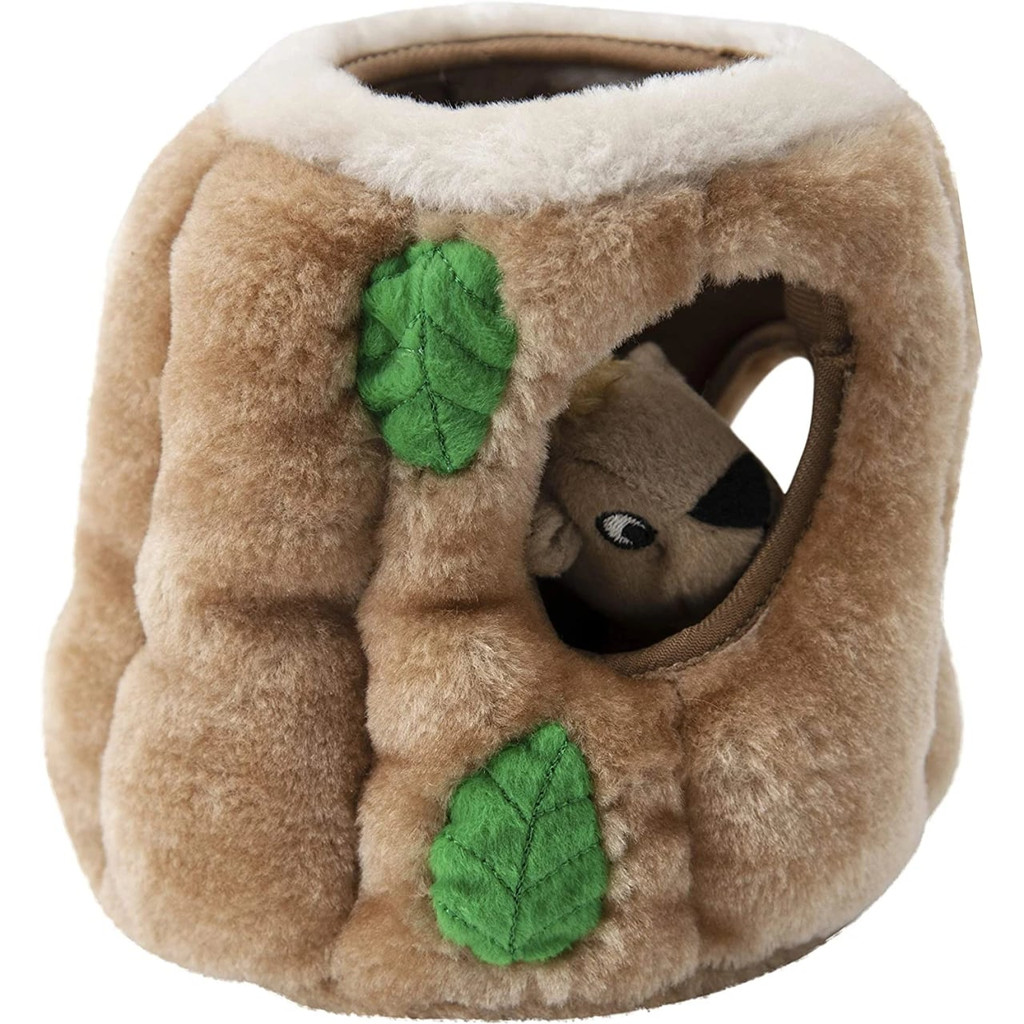 Outward Hound Hide A Squirrel Plush Puzzle Toy with tree stump design and hidden squirrel.