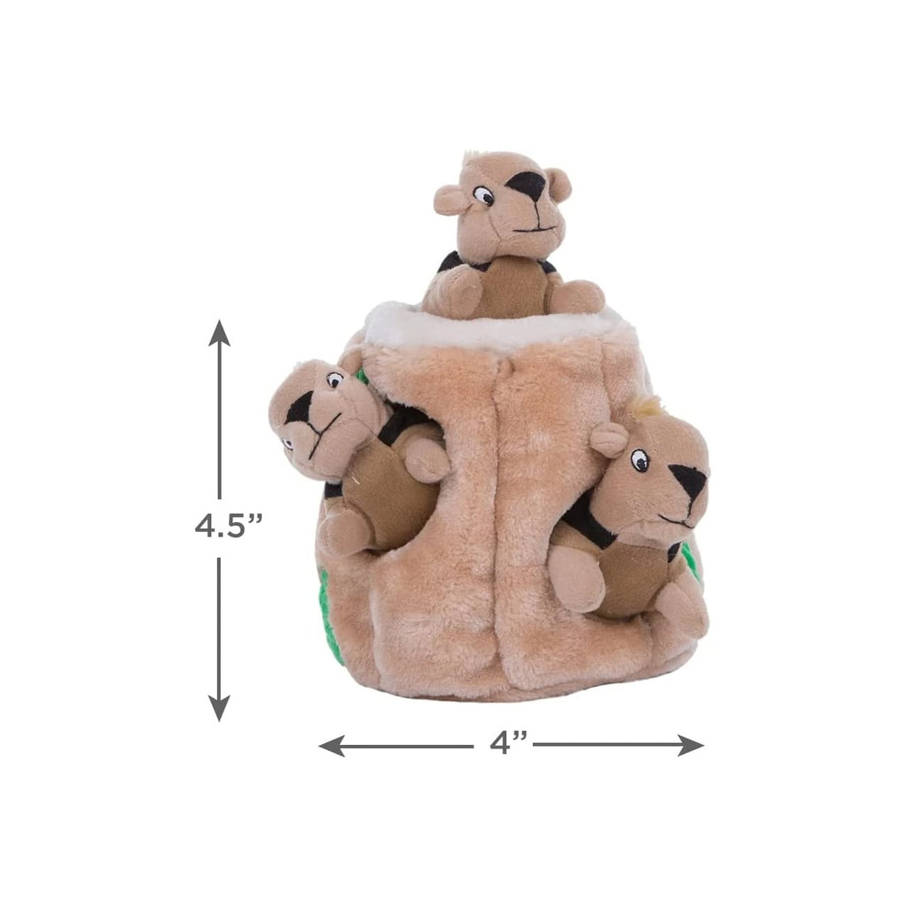 Outward Hound Hide A Squirrel Plush Puzzle Toy, tan with three plush squirrels, 4 inches wide.