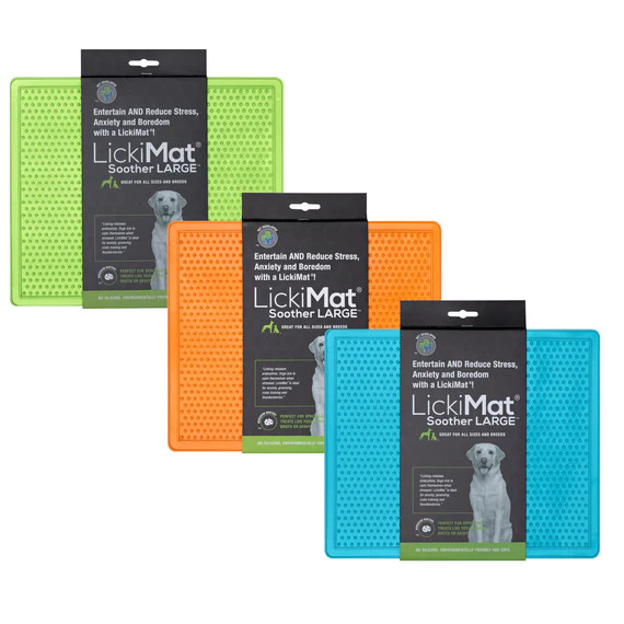 LickiMat Classic Soother XL in green, orange, and blue for dog anxiety reduction and slow feeding.
