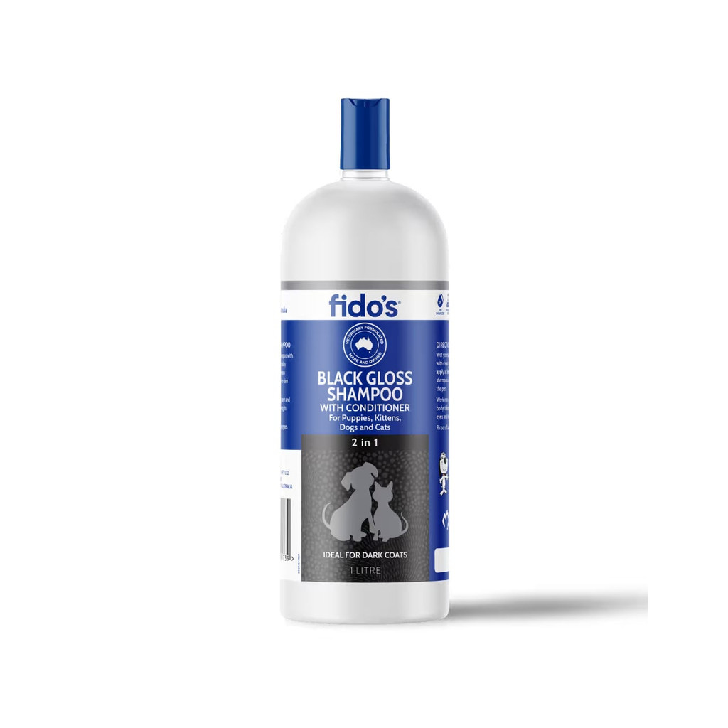 Fido's Black Gloss Shampoo 1L, designed for dogs and cats with dark coats.