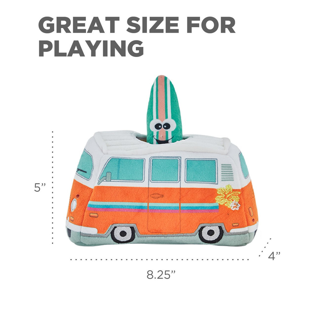 Outward Hound Hide A Surf Van Plush Dog Puzzle, colorful van design with three squeaker toys.