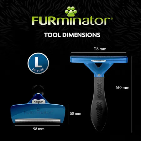 FURminator Long Hair Deshedding Tool dimensions with ergonomic blue handle for large dogs.