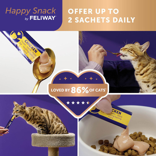 Feliway Happy Snack Calming Treats for Cats, 6-pack, featuring chicken flavor and easy-to-use sachets.