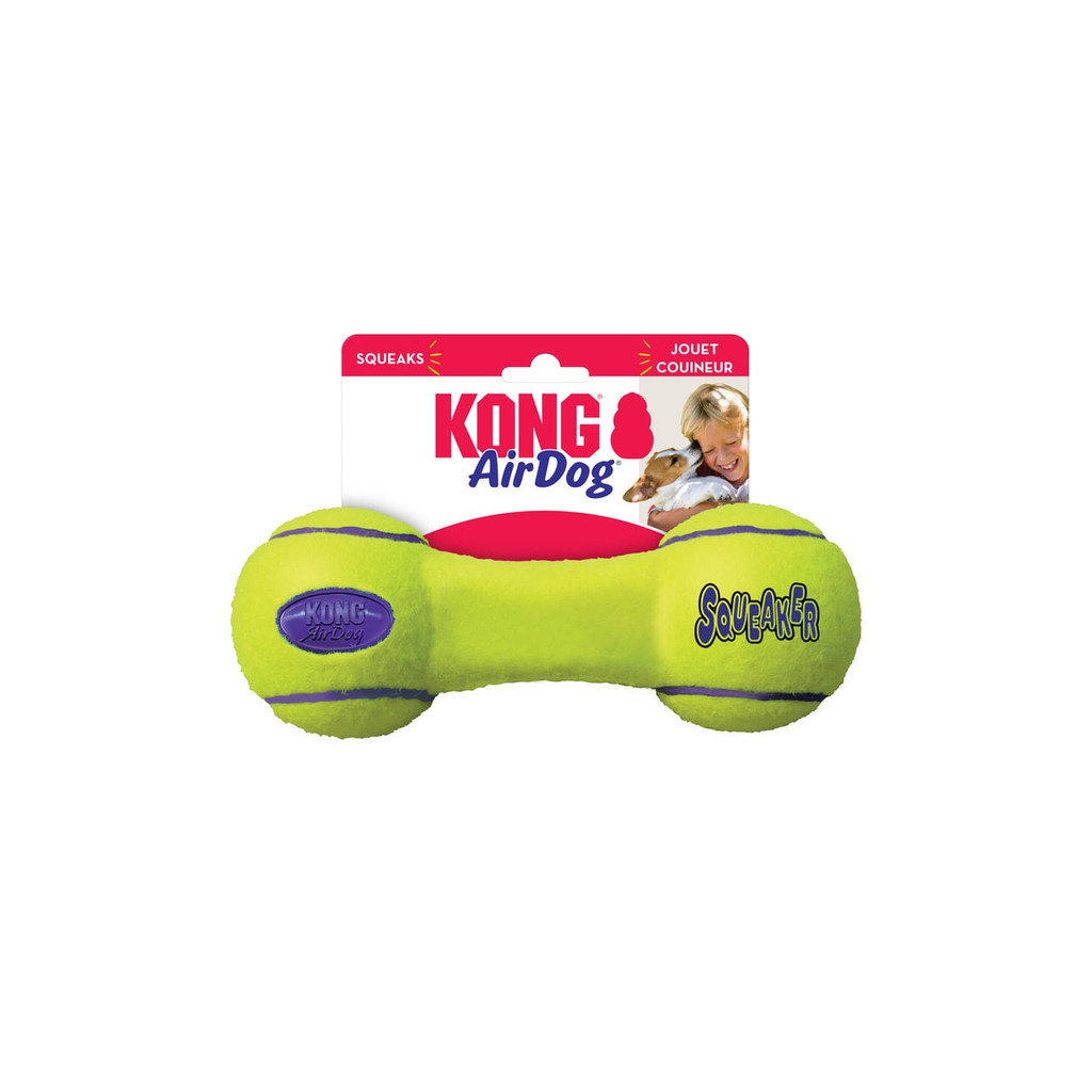 KONG AirDog Large Dumbbell Toy in bright green, designed for dogs, squeaks for added fun.