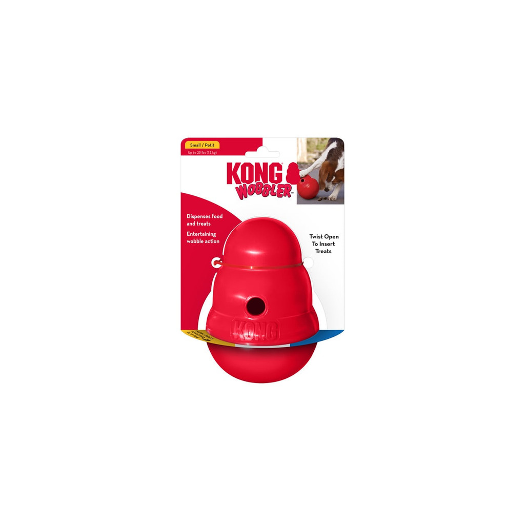 KONG Wobbler Treat Dispensing Dog Toy in red, ideal for engaging dogs and dispensing treats.
