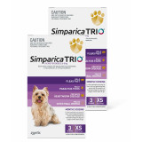 Simparica TRIO for Dogs & Puppies 2.6-5 kg, 6 chews in purple packaging for flea and tick prevention.