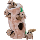 Outward Hound Hide A Squirrel Plush Puzzle Toy with three plush squirrels and tree trunk.