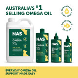 NAS Omega 3 6 & 9 Oil 1L, promotes pet skin, coat, and joint health, sustainably sourced.