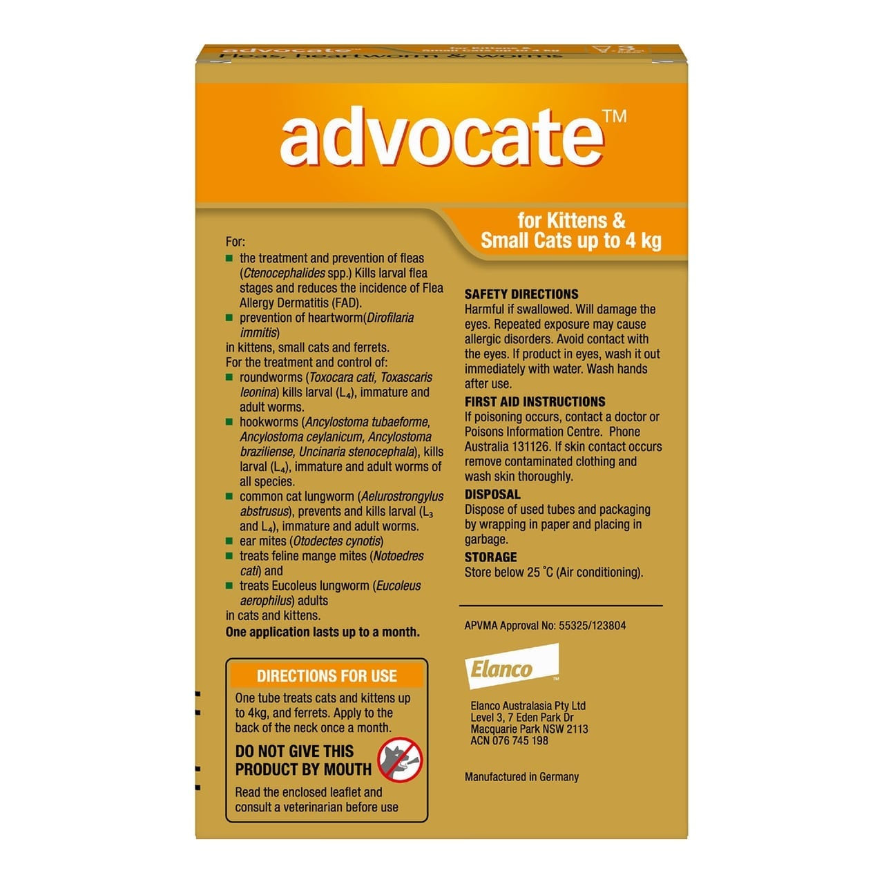 Advocate for Small Cats under 4 kg, 3 pack, orange box, veterinary flea treatment.