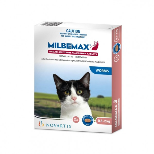 Milbemax Allwormer for Cats, 0.5 - 2kg, includes 2 tablets for effective worm treatment.