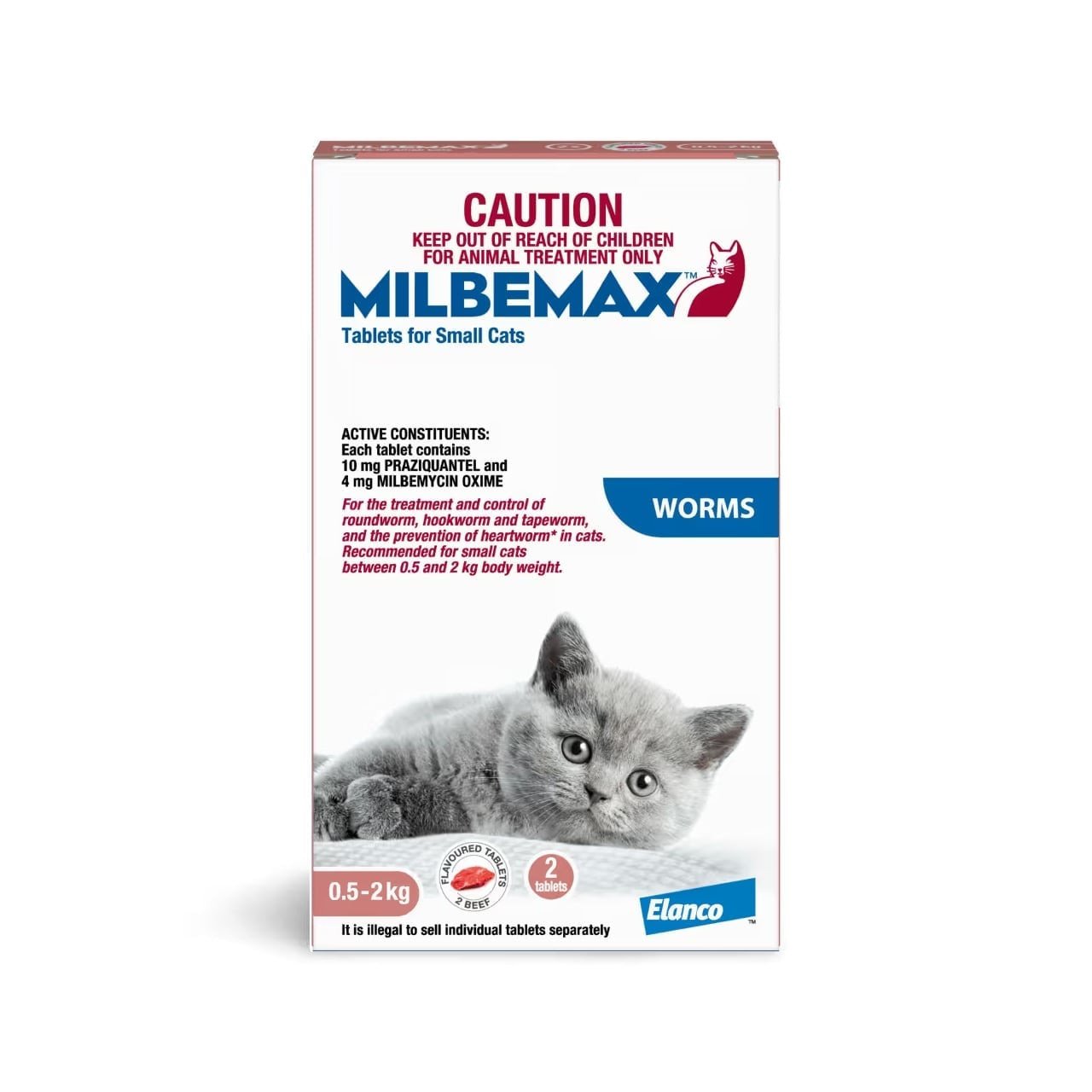 Milbemax Allwormer for Cats, 0.5-2kg, 2 tablets, effective worm treatment for small cats.