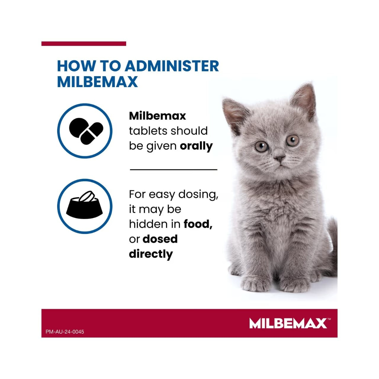 Milbemax Allwormer for Cats 0.5-2kg, includes dosing instructions and an adorable gray kitten.