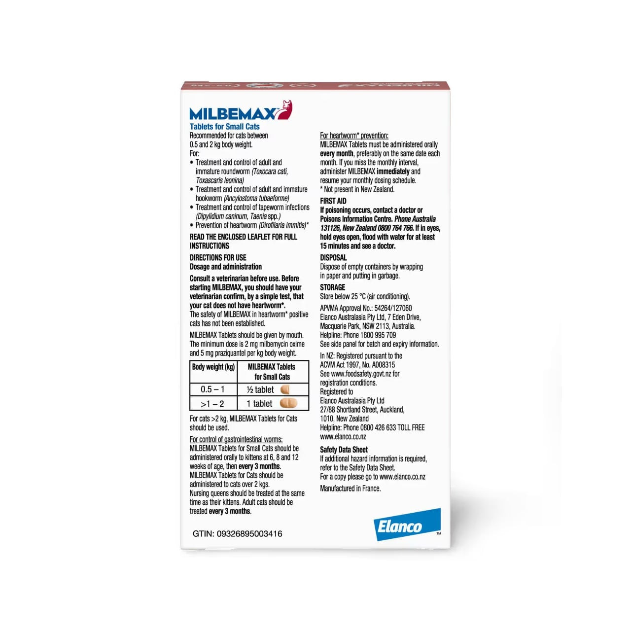 Milbemax Allwormer for Cats, 0.5-2kg, featuring dosage instructions and product details.