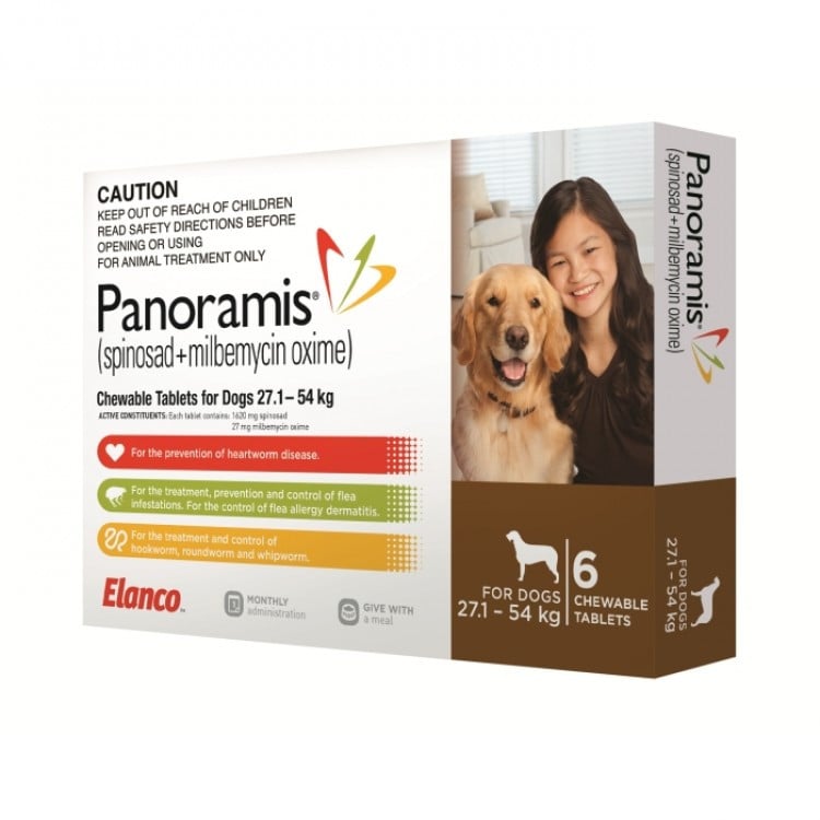 Comfortis PLUS for Dogs 27-54 kg, brown box with six chewable tablets for pet health.