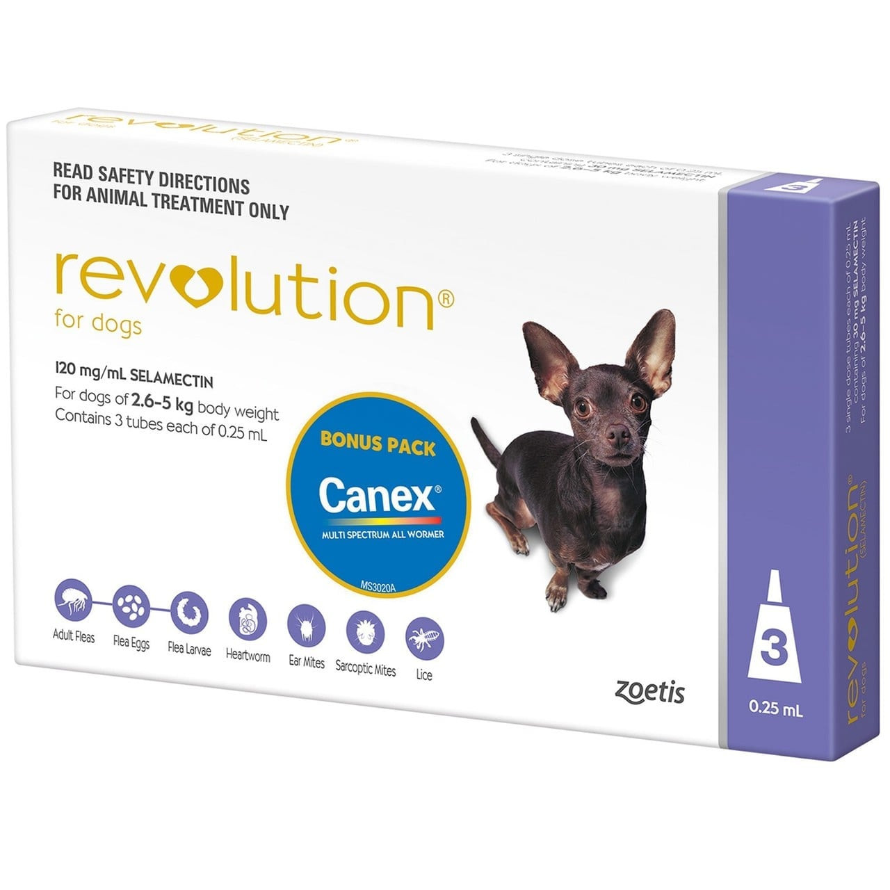 Revolution for Dogs up to 5 kg, purple packaging, 3 tubes, flea and heartworm treatment.