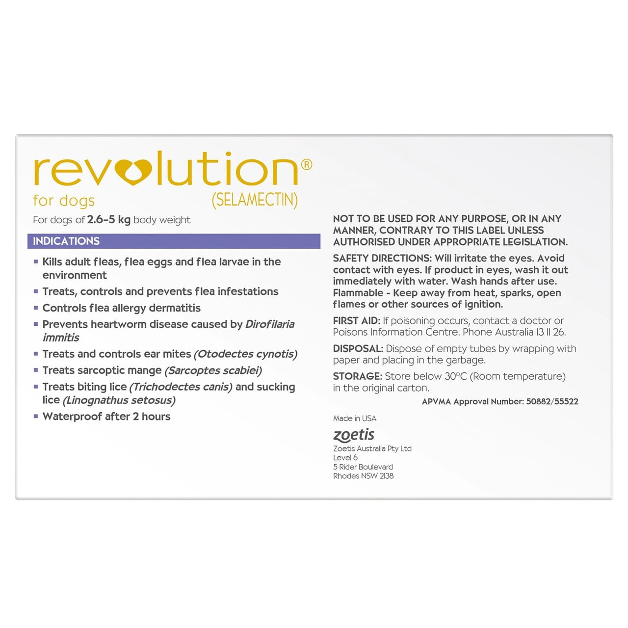 Revolution for Dogs up to 5 kg, purple packaging, three-pack treatment for fleas and ticks.