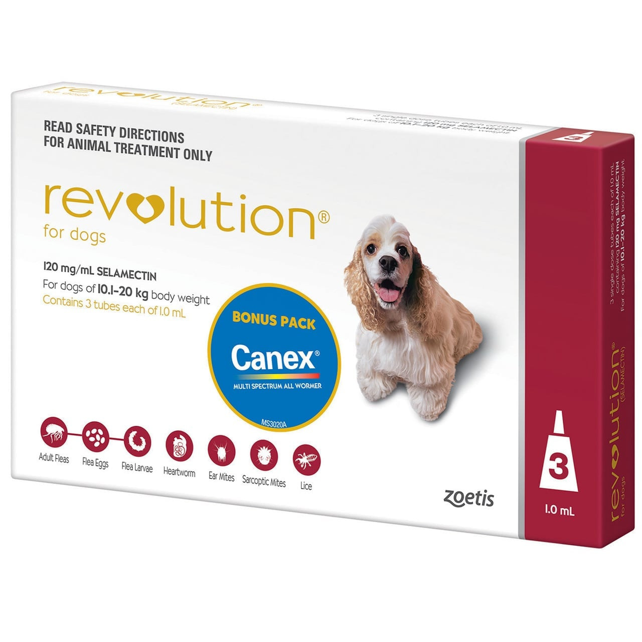 Revolution for Dogs 10.1-20kg, red three-pack, treats fleas, ticks, and ear mites.
