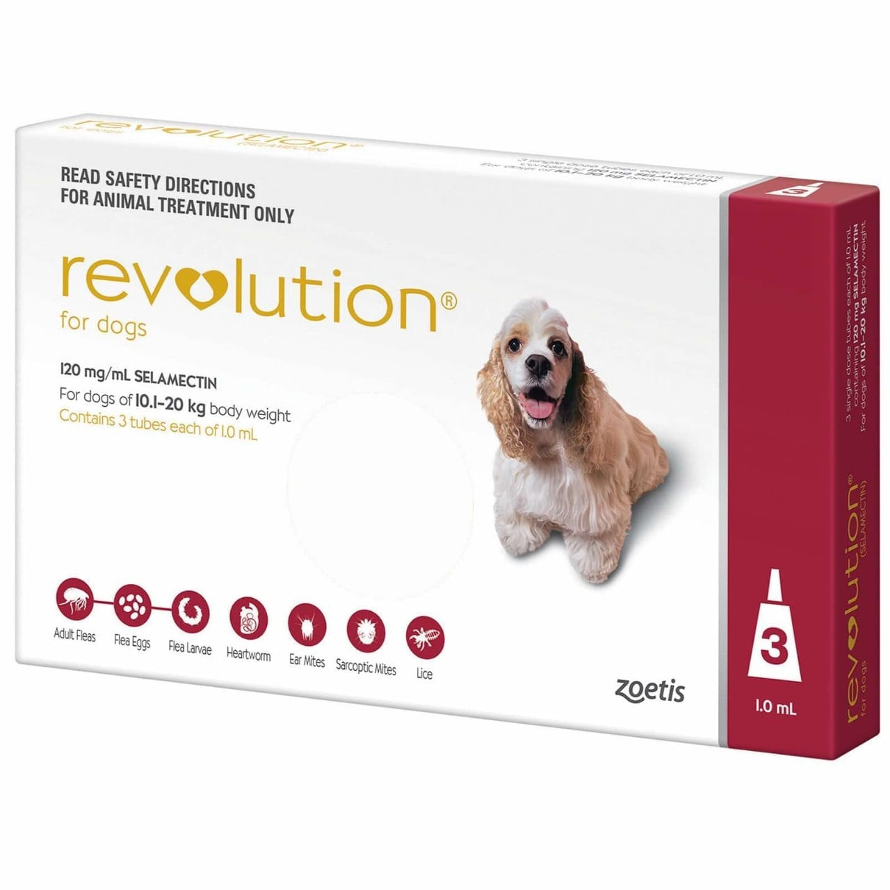 Revolution for Dogs 10.1-20kg, red 3 pack, provides parasite protection for dogs.