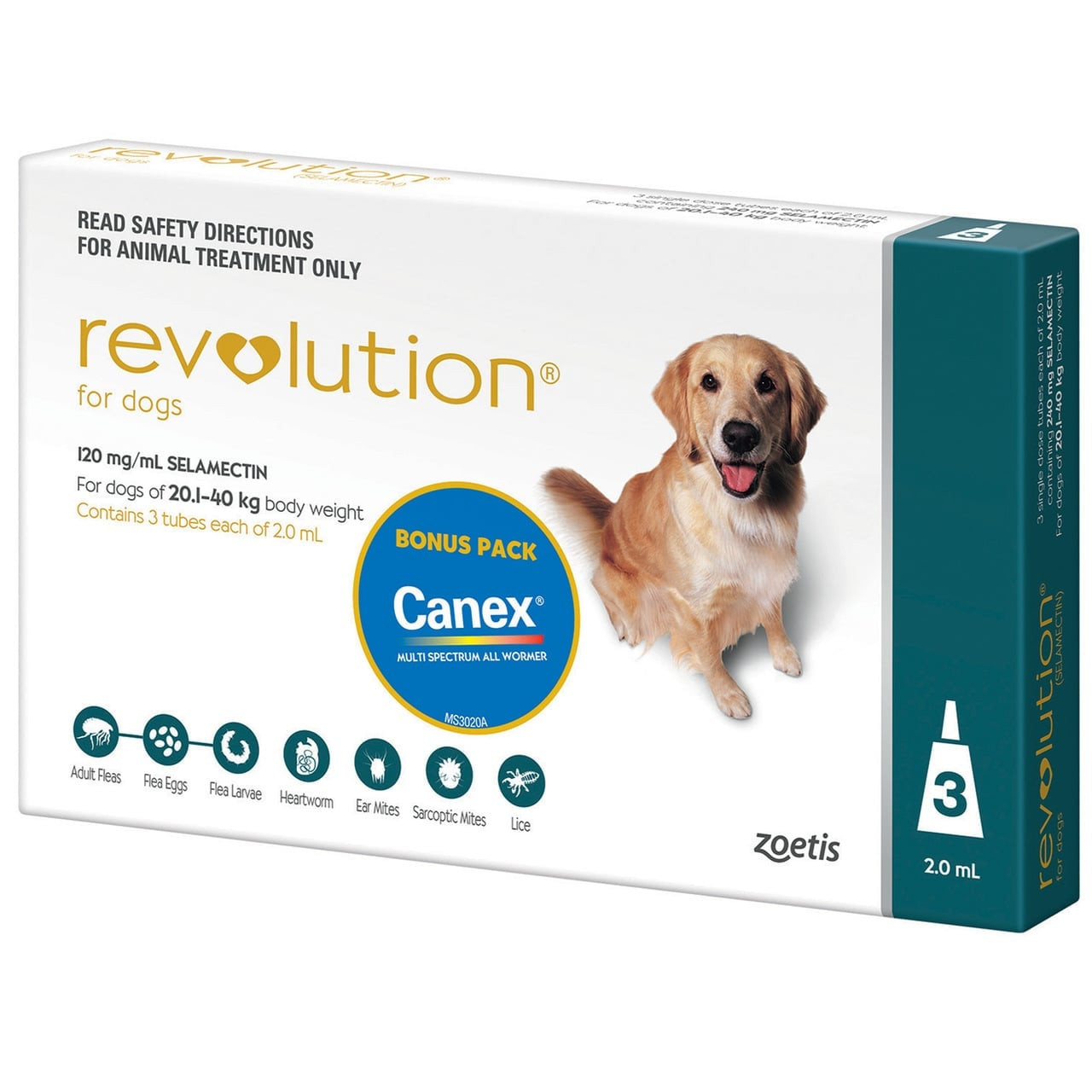 Revolution for Dogs 20.1-40 kg, teal 3 pack, protects against fleas, ticks, and heartworm.