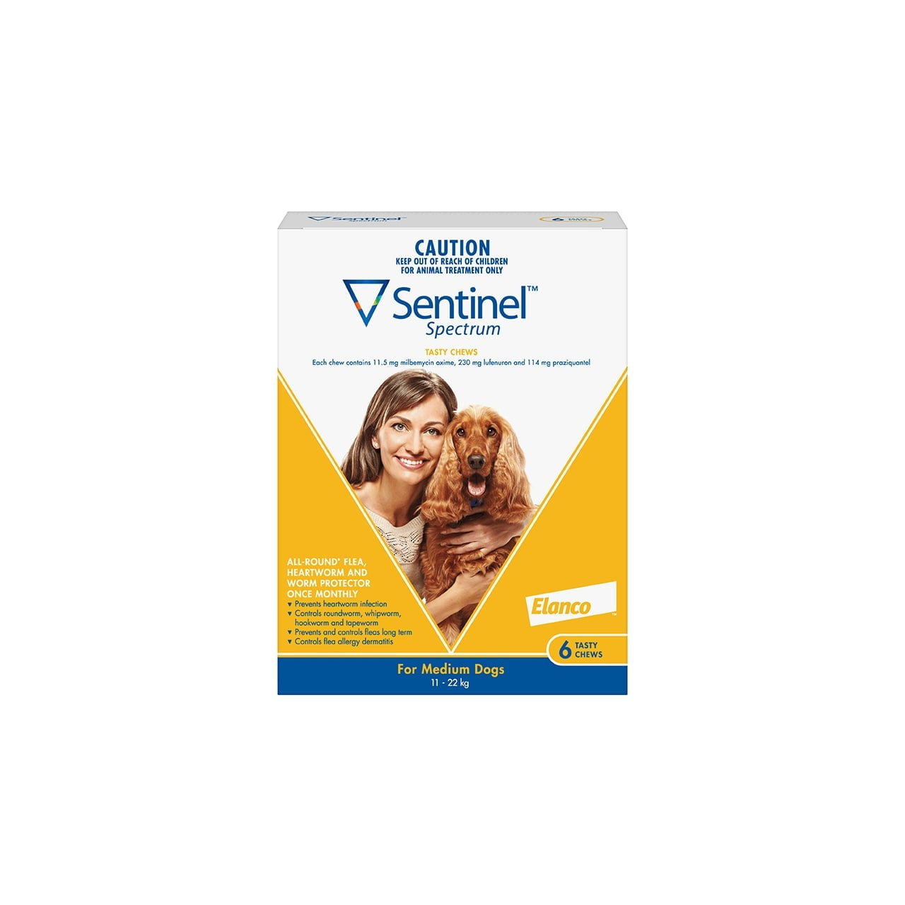 Sentinel Spectrum Tasty Chews for Dogs, 11-22 kg, yellow packaging, 6 pack.