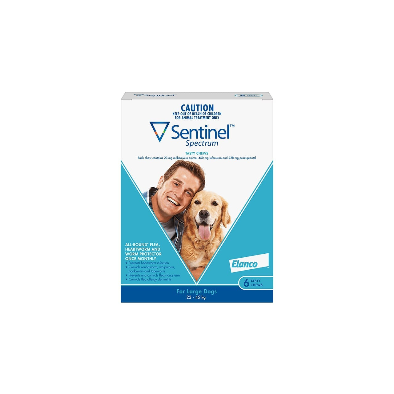 Sentinel Spectrum Tasty Chews for Dogs 22-45 kg, blue packaging with 6 chews.
