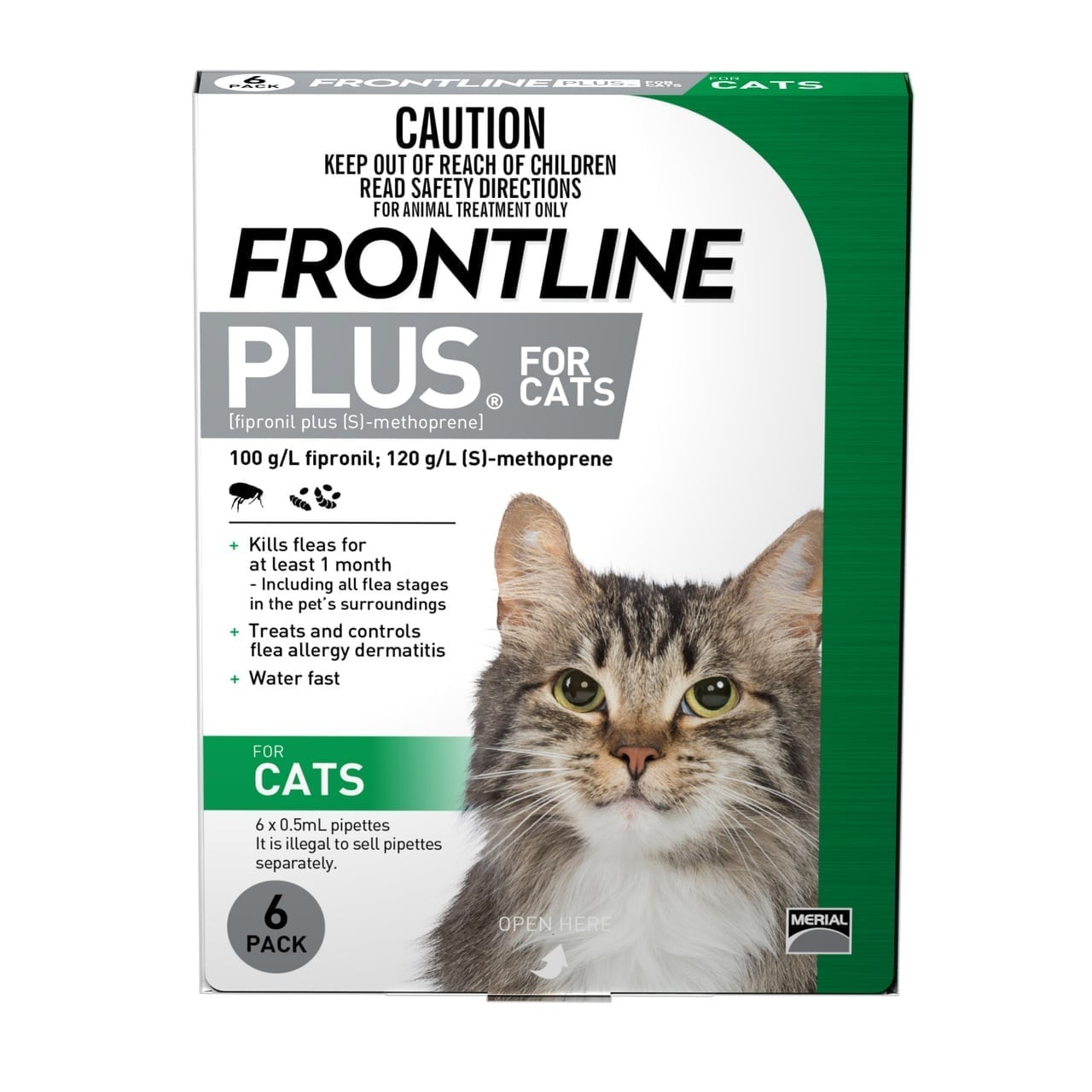 Frontline Plus for Cats 6-pack, featuring treatment for fleas and ticks in a green box.