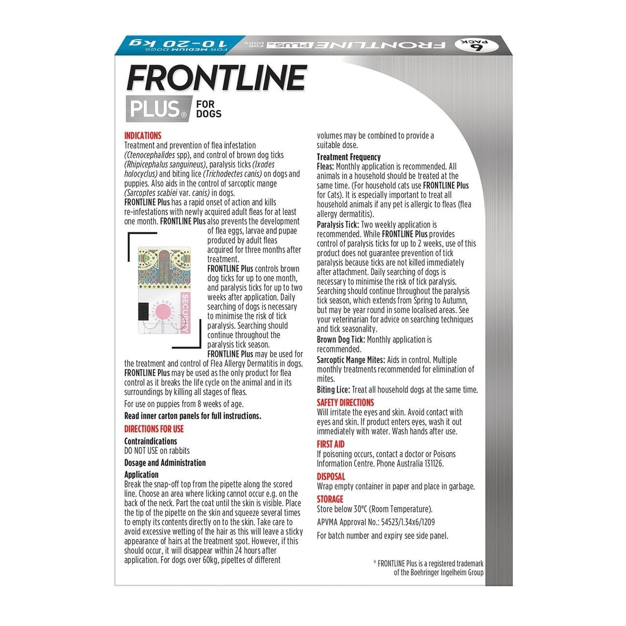 Frontline Plus for Medium Dogs 10-20kg 6 Pack packaging, featuring detailed usage instructions and dosage information.