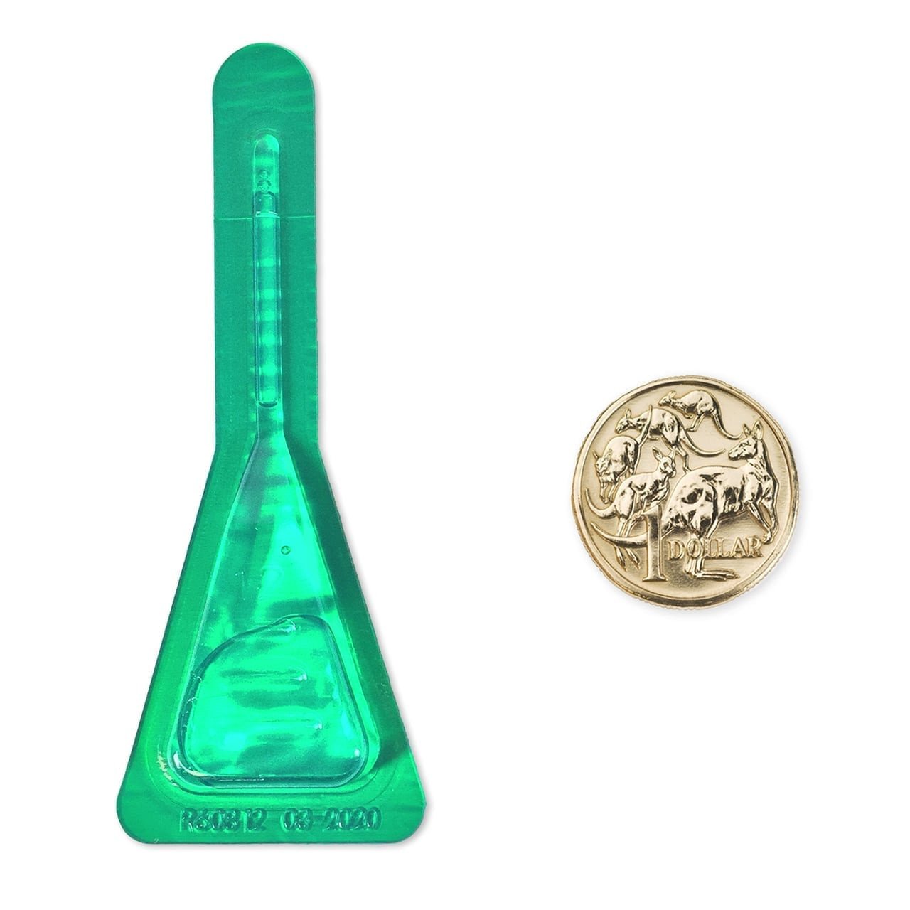 Frontline Plus for Medium Dogs 10-20kg, green applicator next to a coin for size reference.