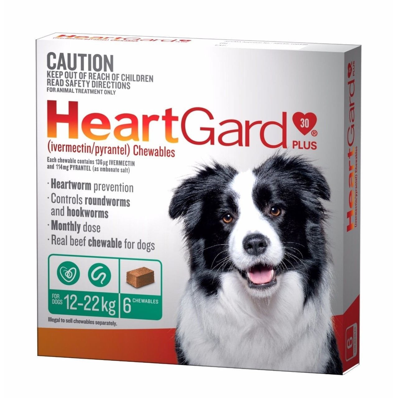 Heartgard Plus for Medium Dogs green packaging, 6 chews, for heartworm prevention and treatment.