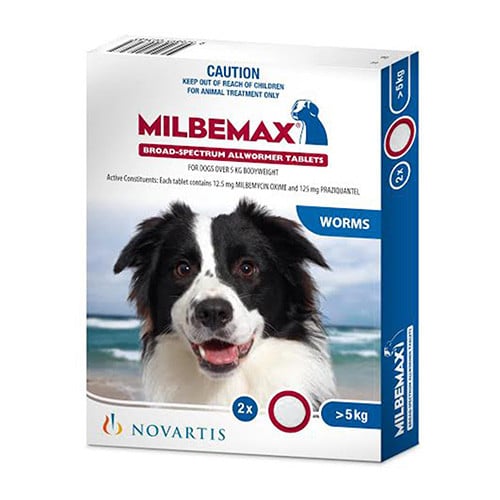 Milbemax Allwormer for Dogs Over 5kg, 2 tablets, features packaging with a dog image and dosage details.