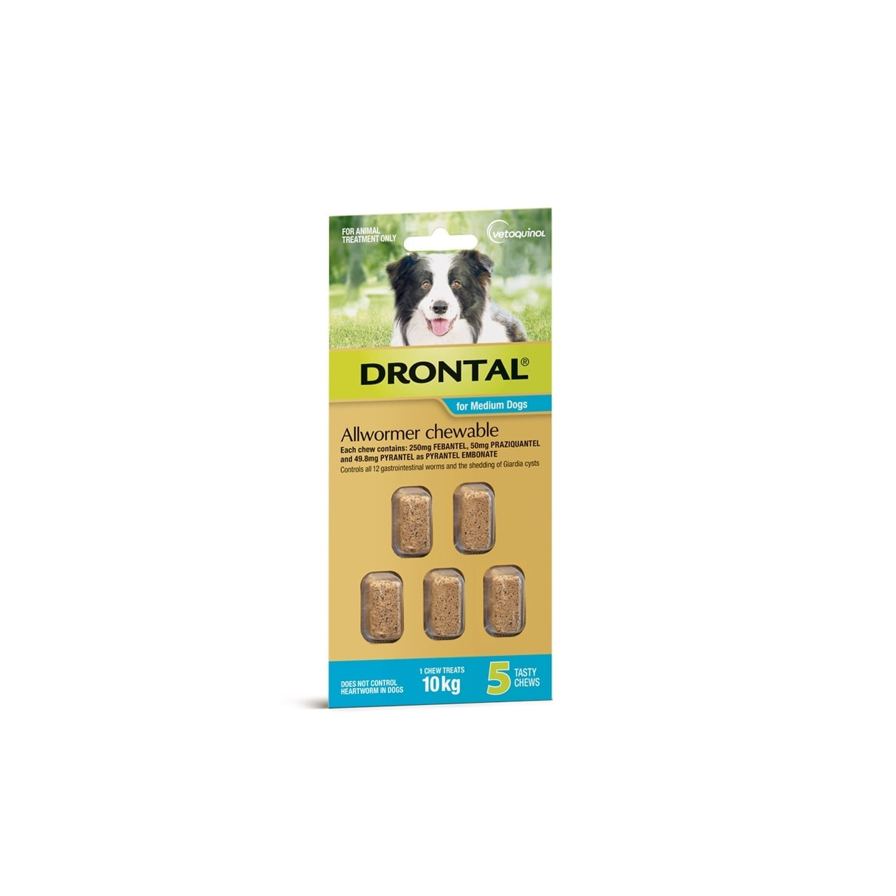 Drontal Allwormer Chews for dogs up to 10 kg, five chewable tablets in packaging.