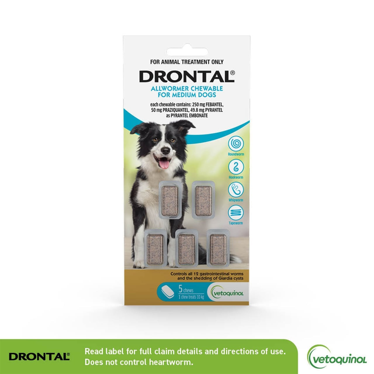 Drontal Allwormer Chews for dogs up to 10 kg, 5-pack for pet worm control.