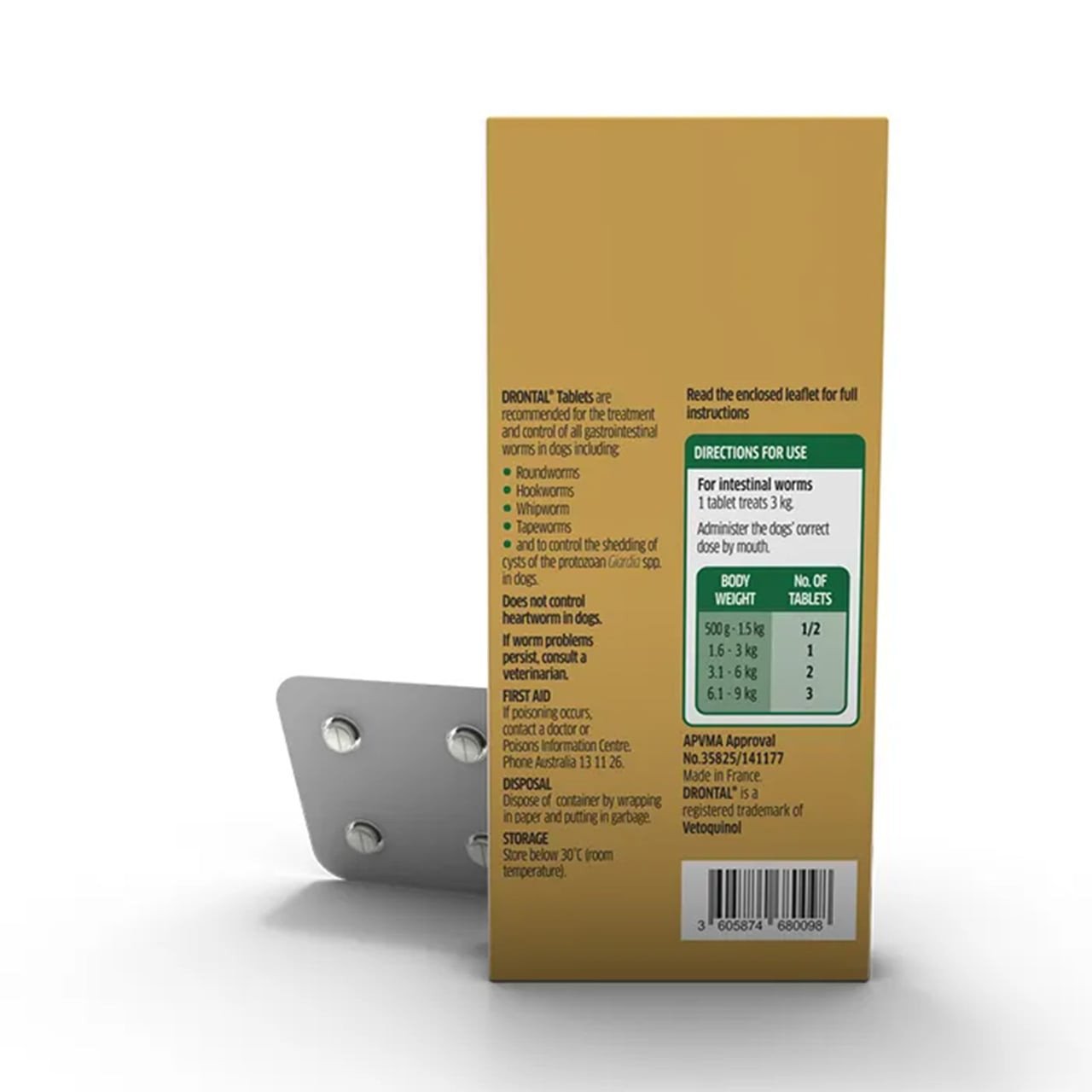 Drontal Allwormer Tablets for Small Dogs, 3 kg, 4 pack with dosage instructions.