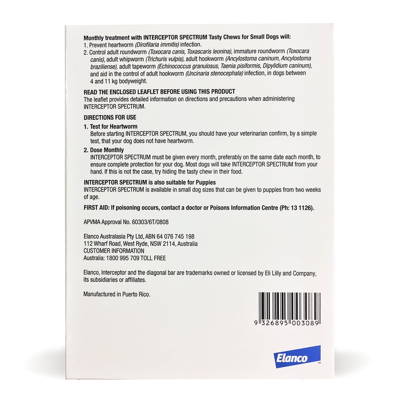 Interceptor Chews for Small Dogs, 6-pack, green packaging, promotes pet health and heartworm prevention.