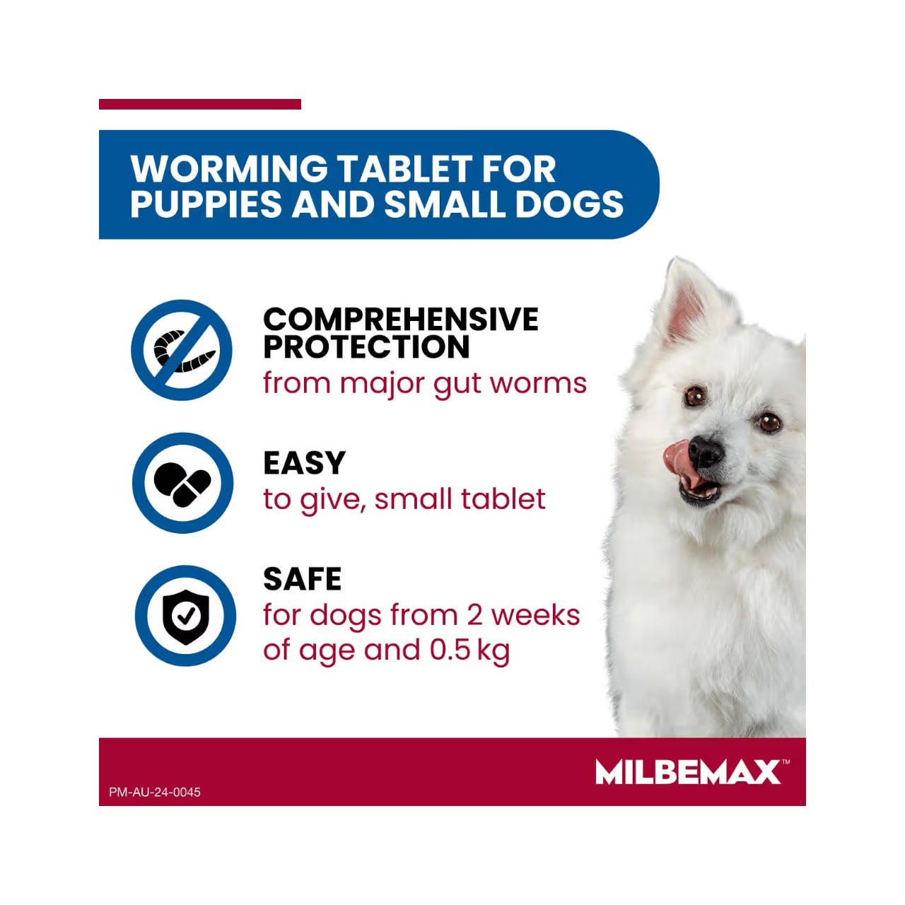 Milbemax Allwormer for small dogs, featuring a small tablet design and safety information.