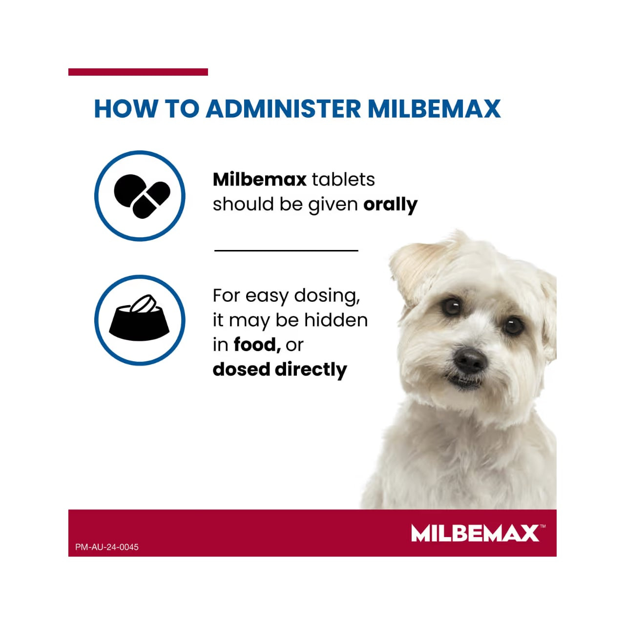 Milbemax Allwormer for small dogs, featuring dosage instructions and a dog illustration.