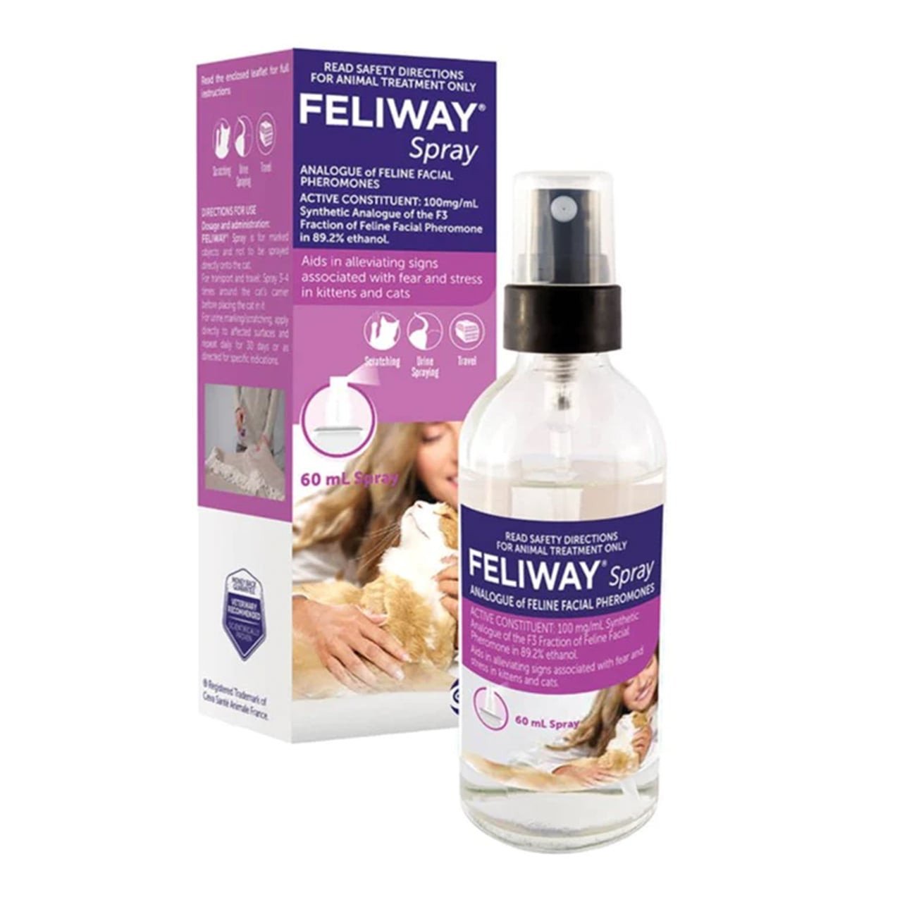 Feliway Spray for Cats 60mL with relaxing pheromones to reduce stress in pets.