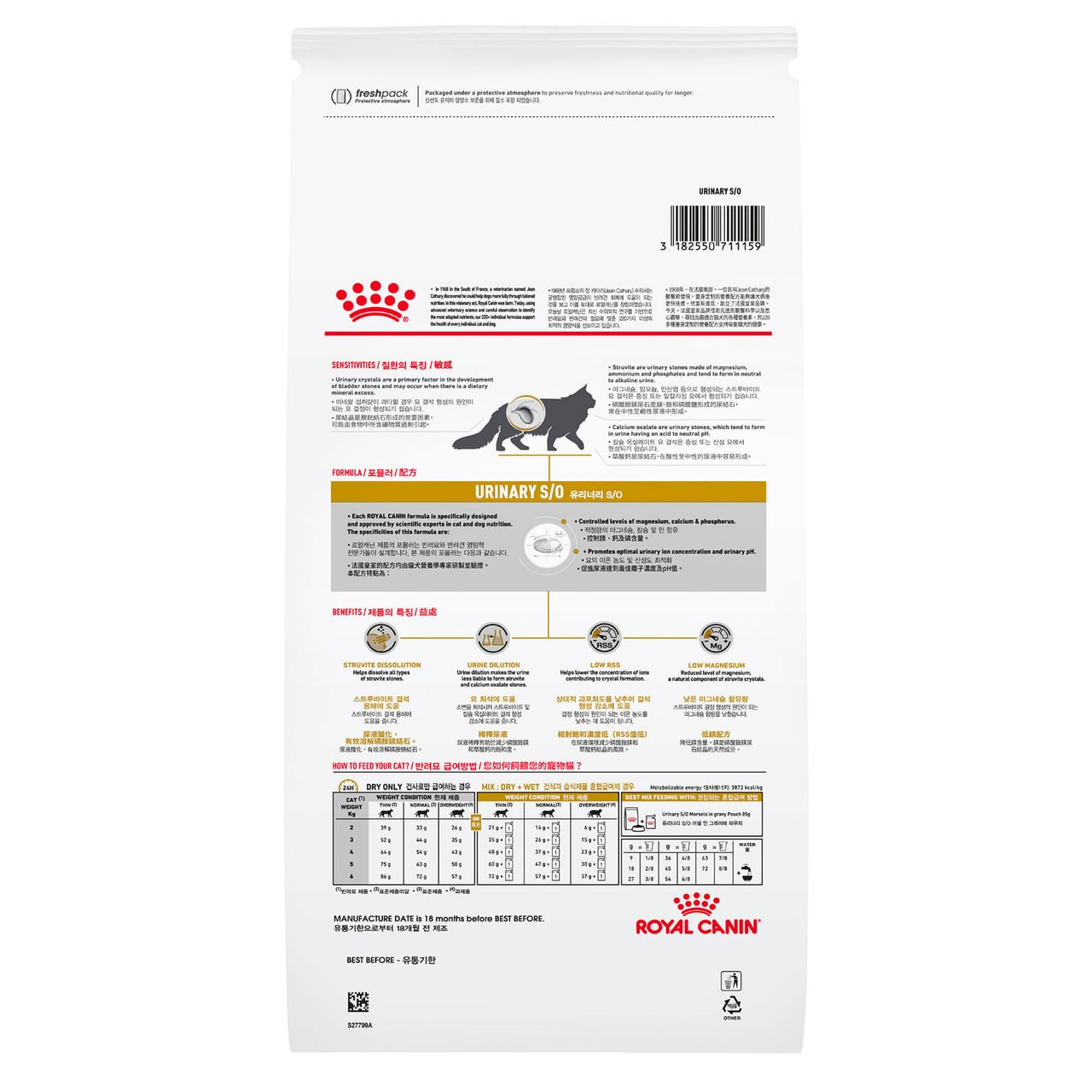 Royal Canin Veterinary Diet Feline Urinary S/O Dry 7kg bag with nutritional information and feeding guidelines.