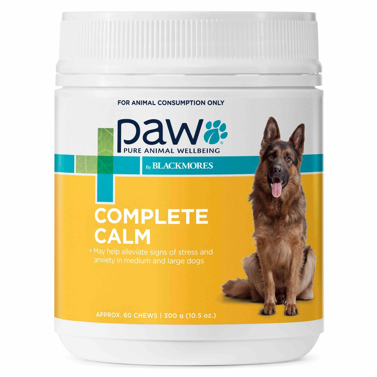 PAW Complete Calm Chews in 300g container, designed for medium to large dogs' stress relief.