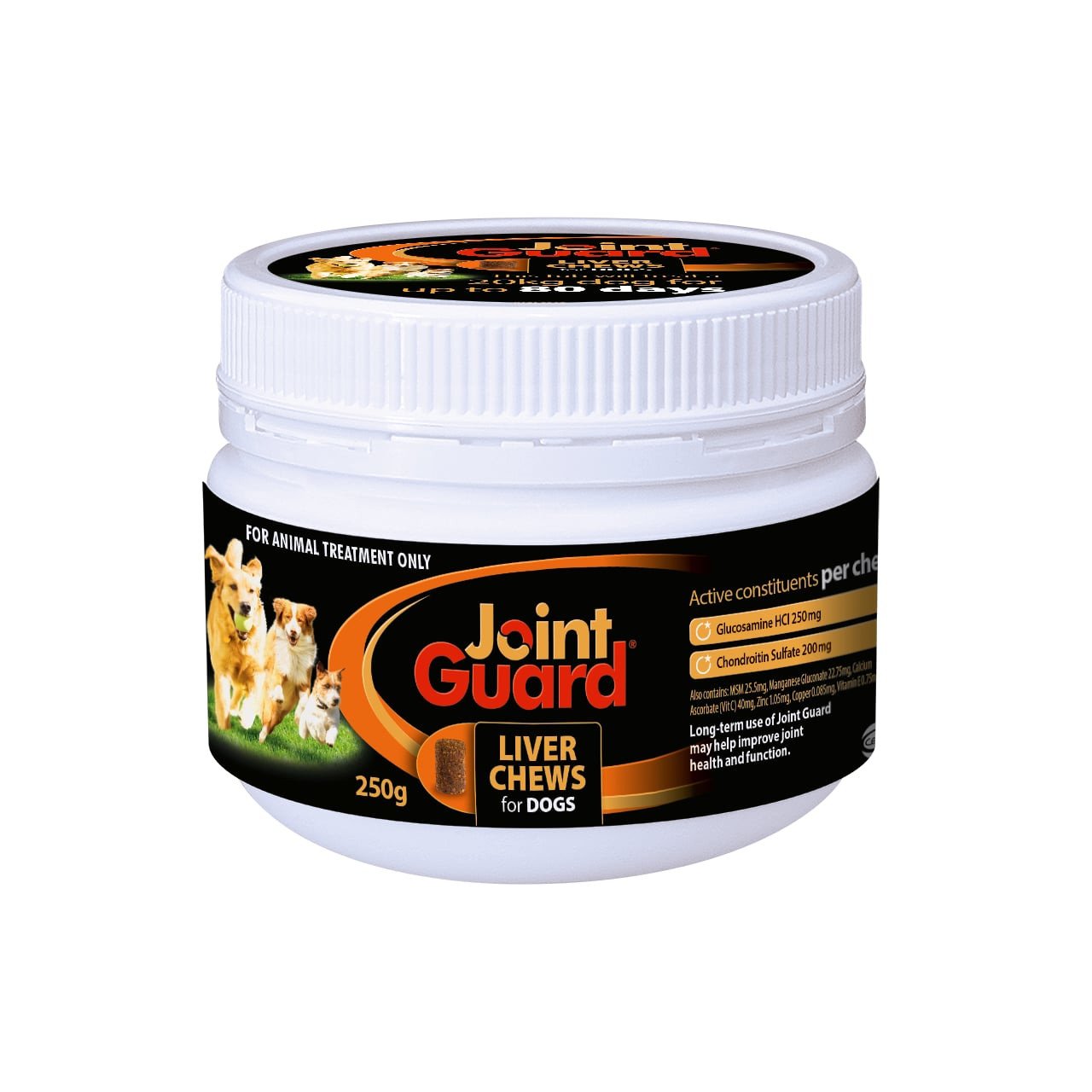 Joint Guard Liver Chews for Dogs, 250g container, supports pet joint health with glucosamine.