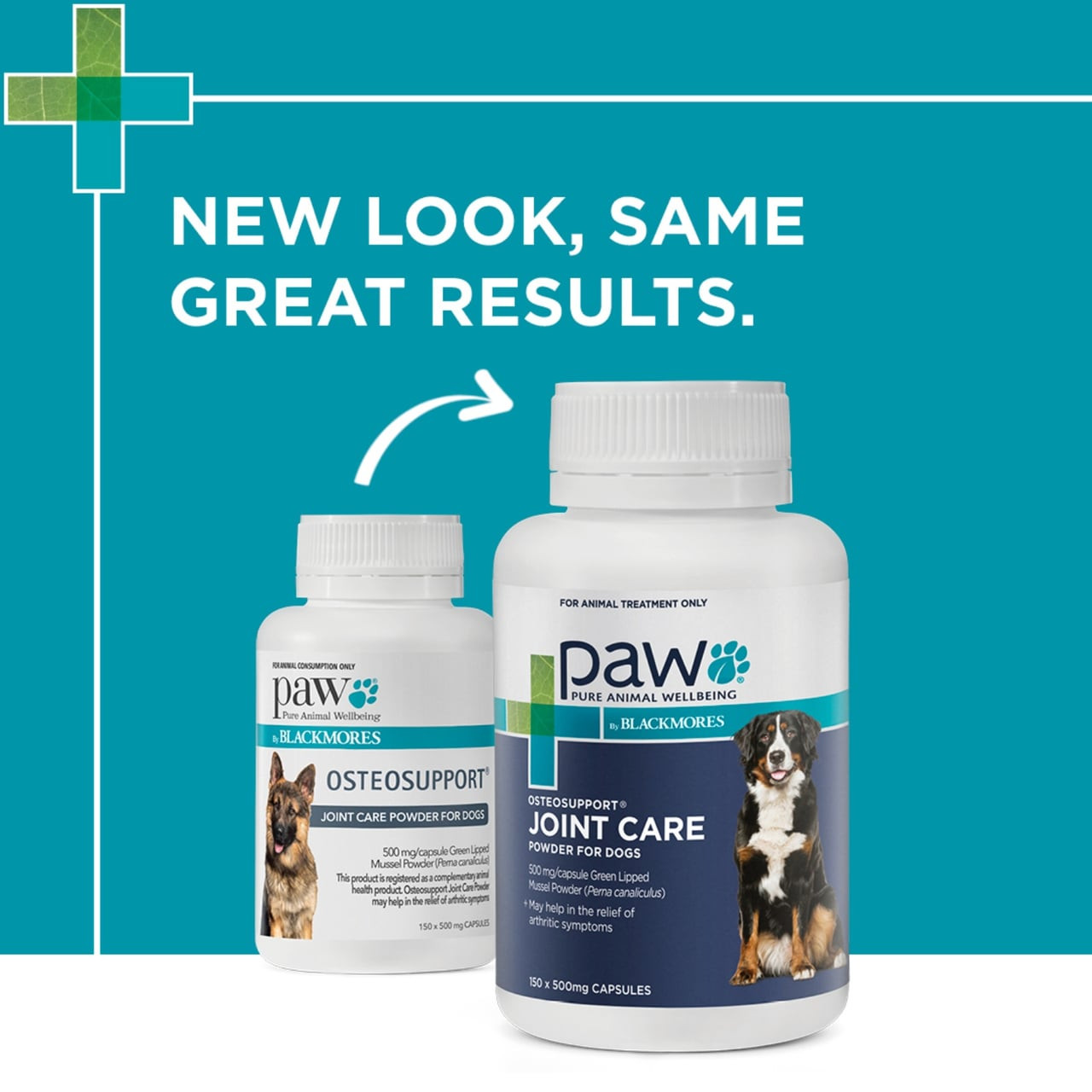 PAW Osteosupport Powder for Dogs, 500mg, 150 capsules for joint care support.