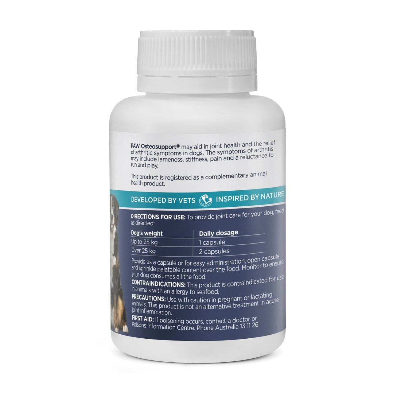 PAW Osteosupport Powder for Dogs, 150 capsules, promotes joint health and relief from stiffness.