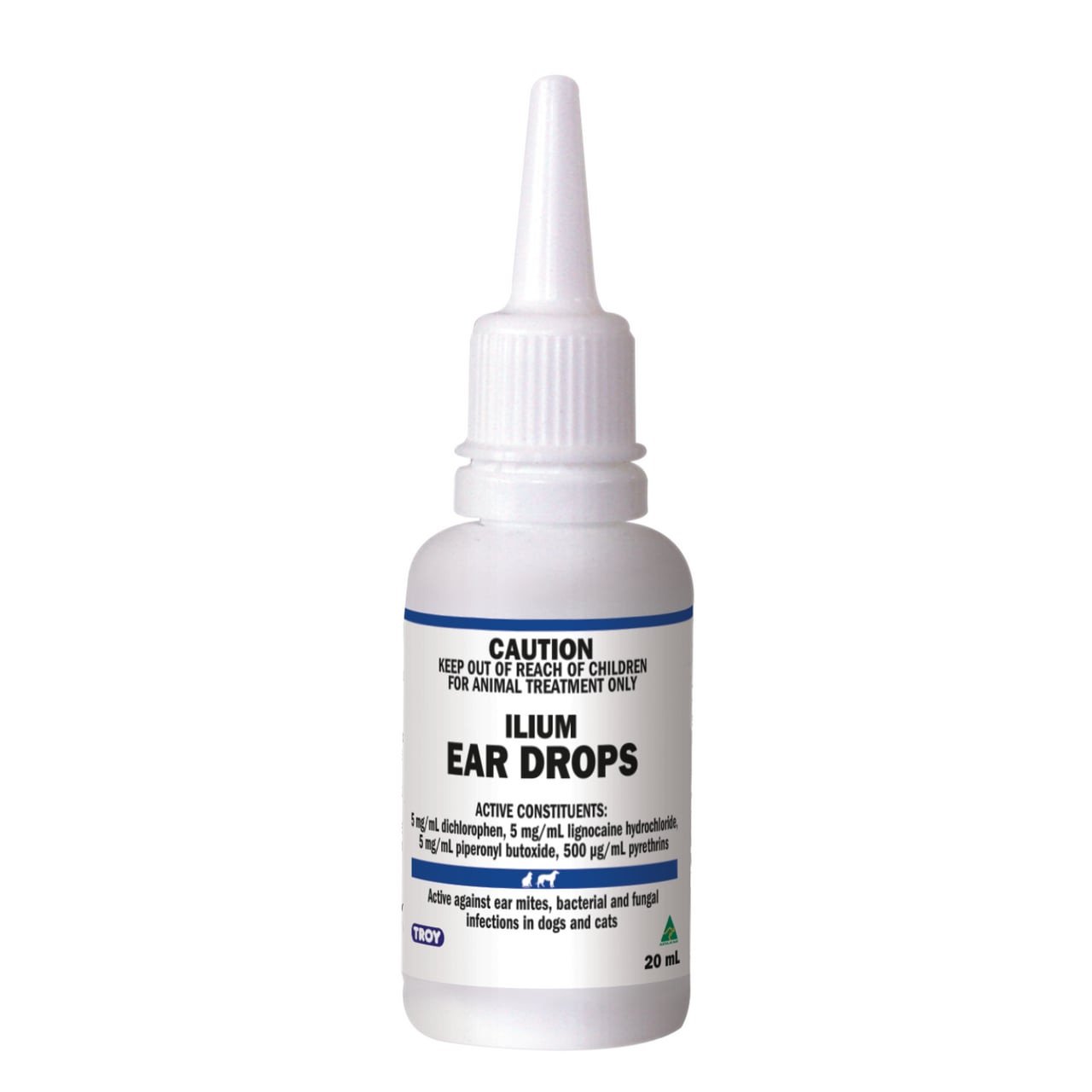 Ilium Ear Drops for Cats & Dogs, 20ml bottle, effective for ear infections treatment.